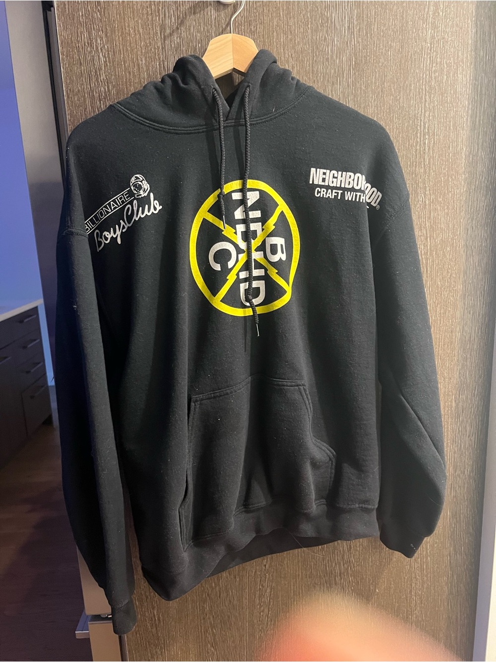 Neighborhood Black Hoodie with Yellow & White Logos